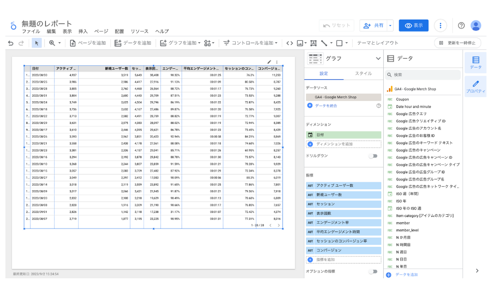 Looker Studioのディメンションと指標を設定