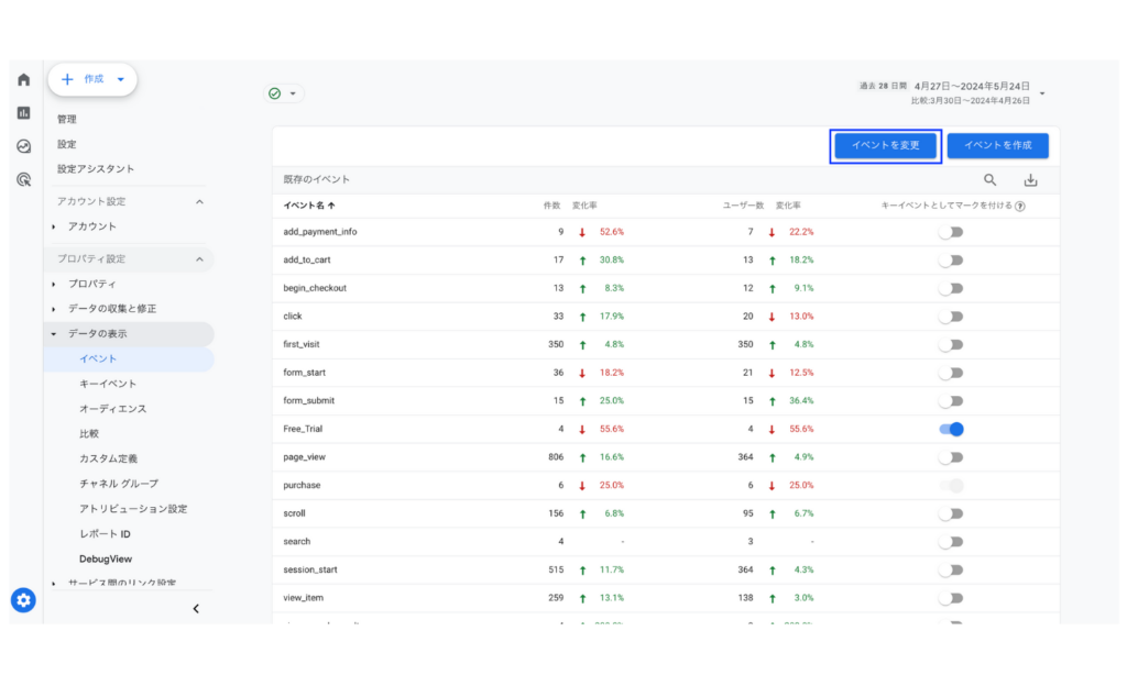 GA4の管理画面でコンテンツグループを作成するためにイベントを変更を選択