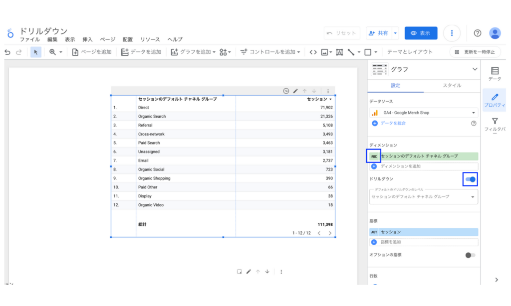 Looker Studioの表グラフのドリルダウン設定