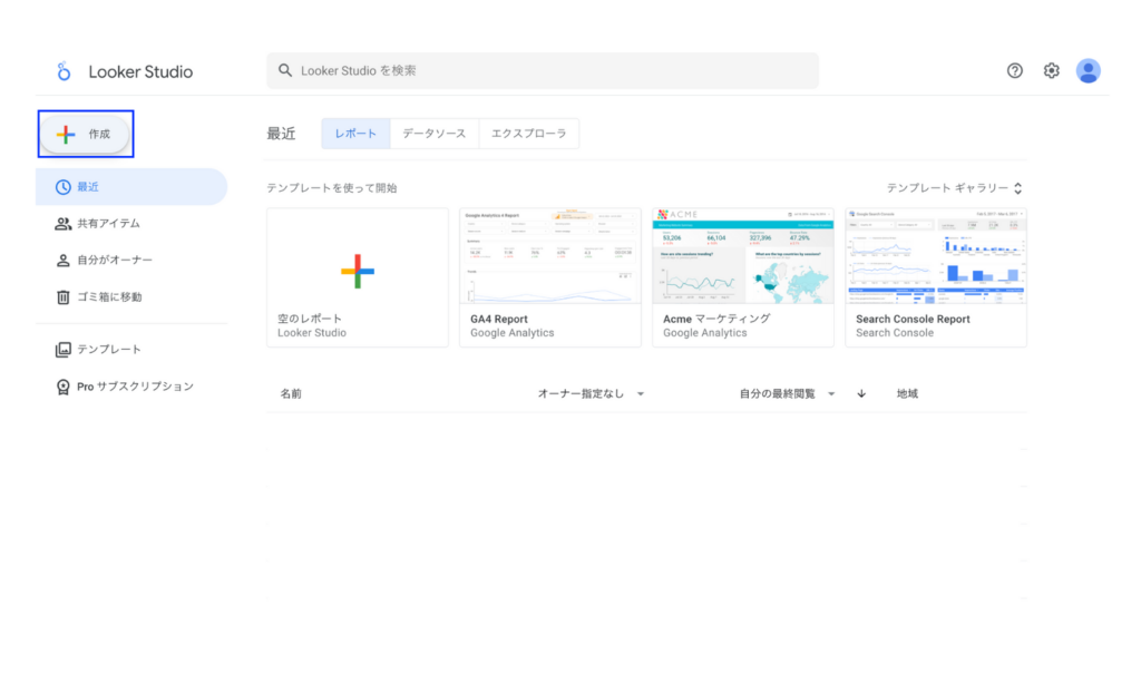 Looker Studioの左上の作成メニュー