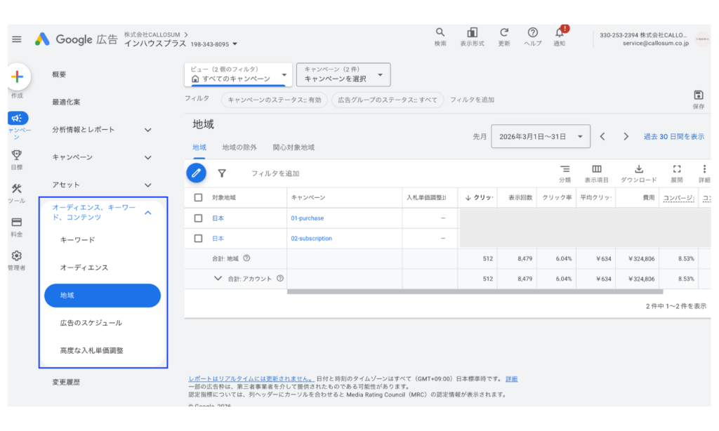 google-ads-area-report-manual1 左メニュー「オーディエンス、キーワード、コンテンツ」→「地域」の展開画面