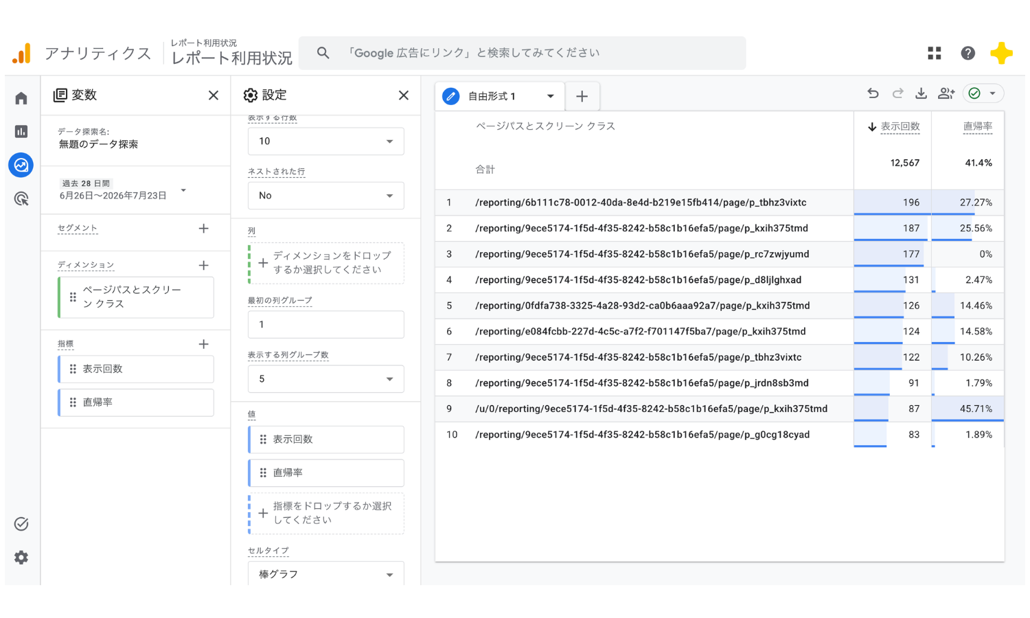 GA4探索レポートでページパス別に直帰率を表示した設定例