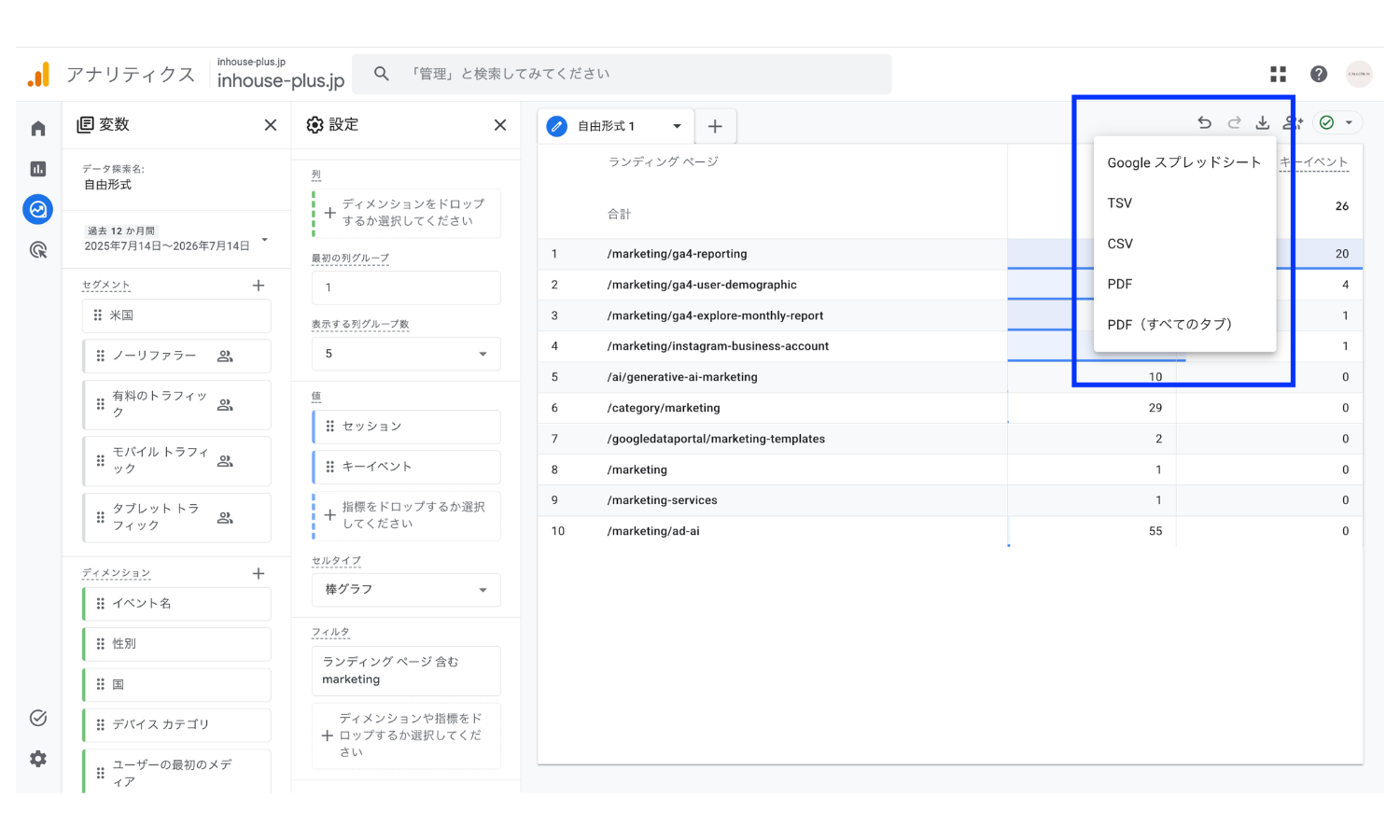 GA4探索レポート右上の共有アイコンとダウンロードメニュー。PDFやCSVで書き出せる