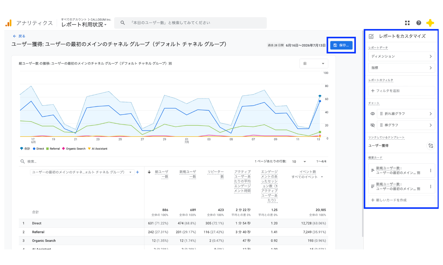 GA4標準レポートのカスタマイズ画面。鉛筆アイコンから開いた右パネルで指標・ディメンションを追加できる