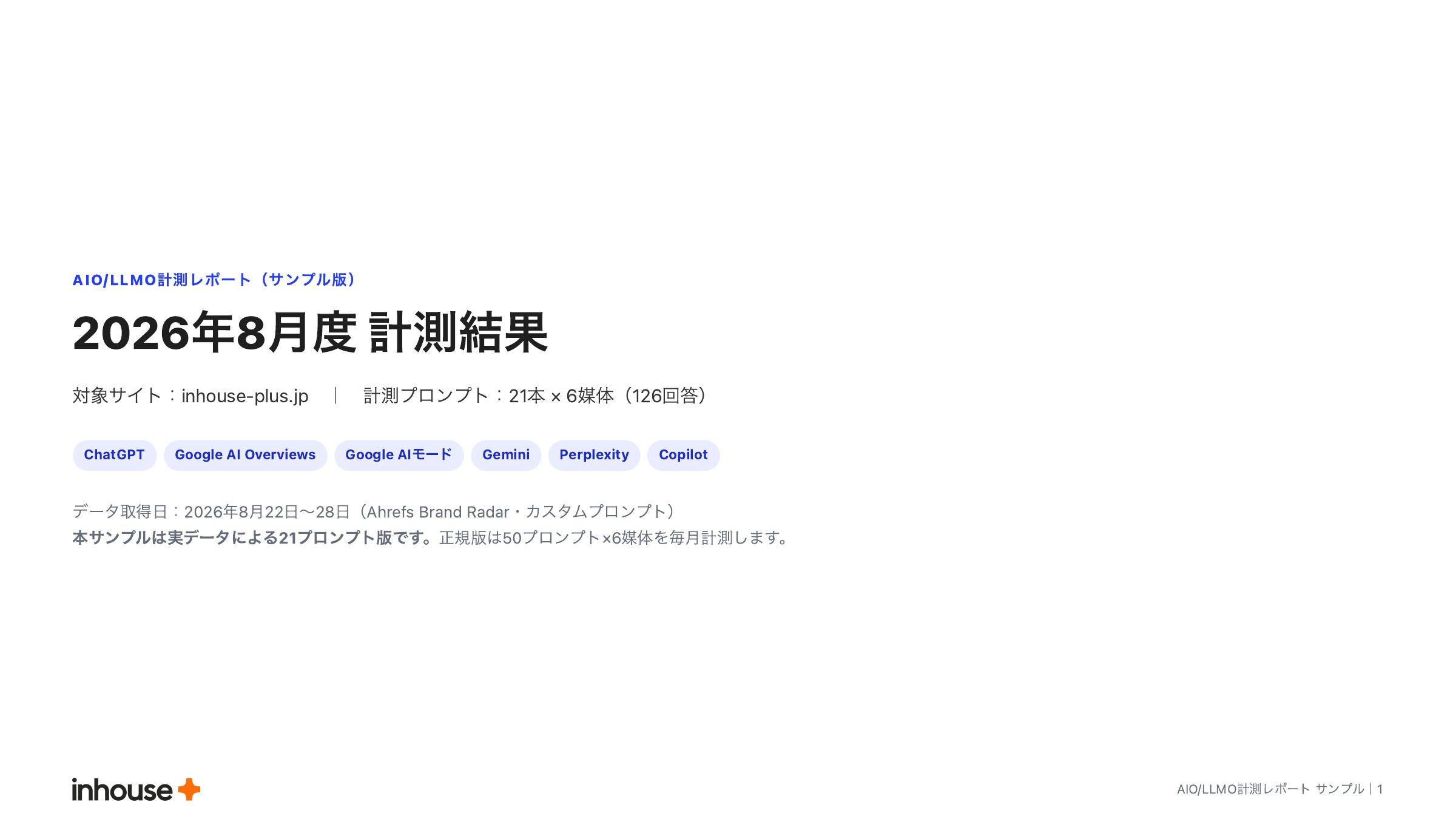 AIO/LLMO計測レポートの表紙。対象サイト・計測プロンプト数・対象6媒体・データ取得日を記載