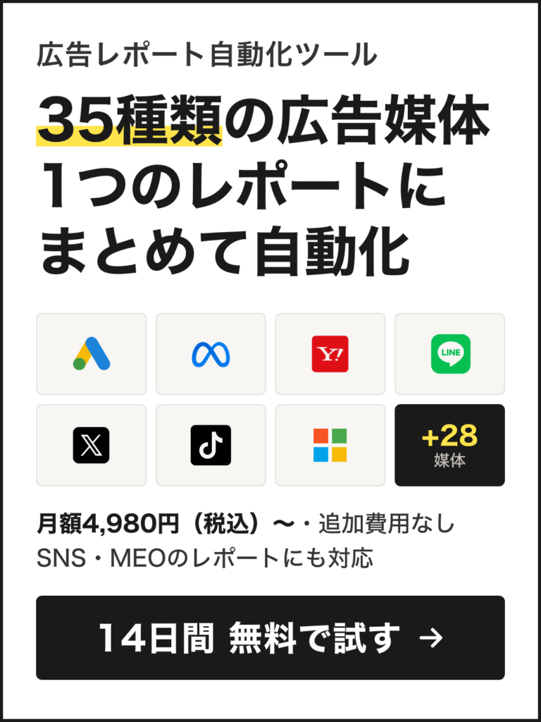 広告レポート自動化ツールの宣伝バナー。『35種類の広告媒体を1つのレポートにまとめて自動化』と訴求している。